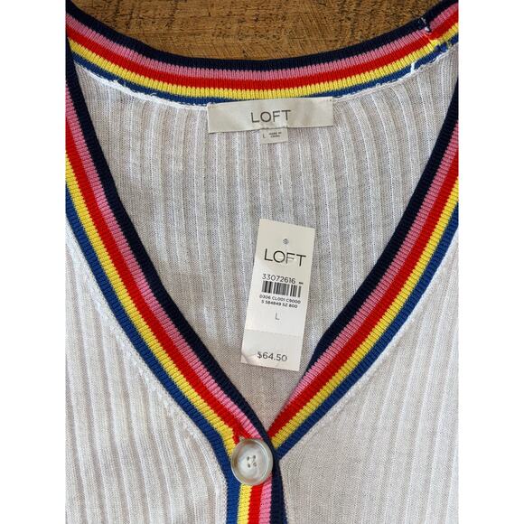 NWT Womens Loft Rainbow White Ribbed Cardigan Sweater Lightweight Pride Large - Picture 3 of 7